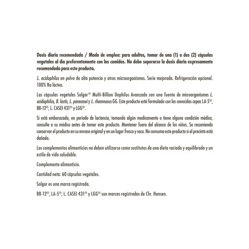 Solgar Advanced Multi-Billion Dophilus 60 cápsulas vegetais