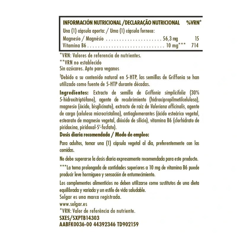 Solgar Griffonia 5 HTP Complex, 30 cápsulas