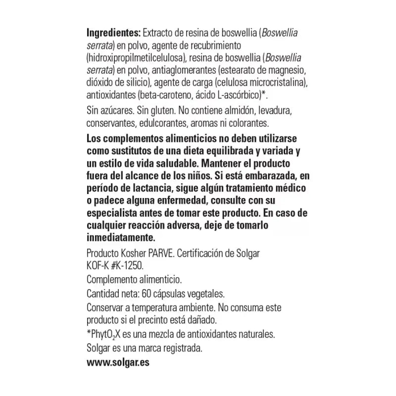Solgar Extrato de Resina de Boswellia, 60 cápsulas