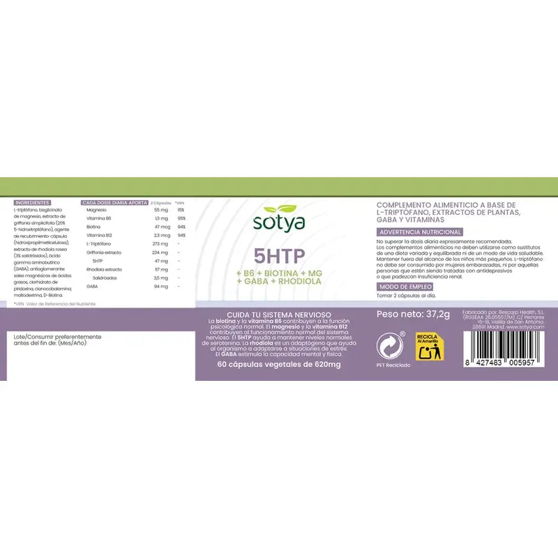 Sotya 5HTP+B6+Biotina+Mg+Gaba+Rhodiola 620mg, 60 cápsulas vegetais
