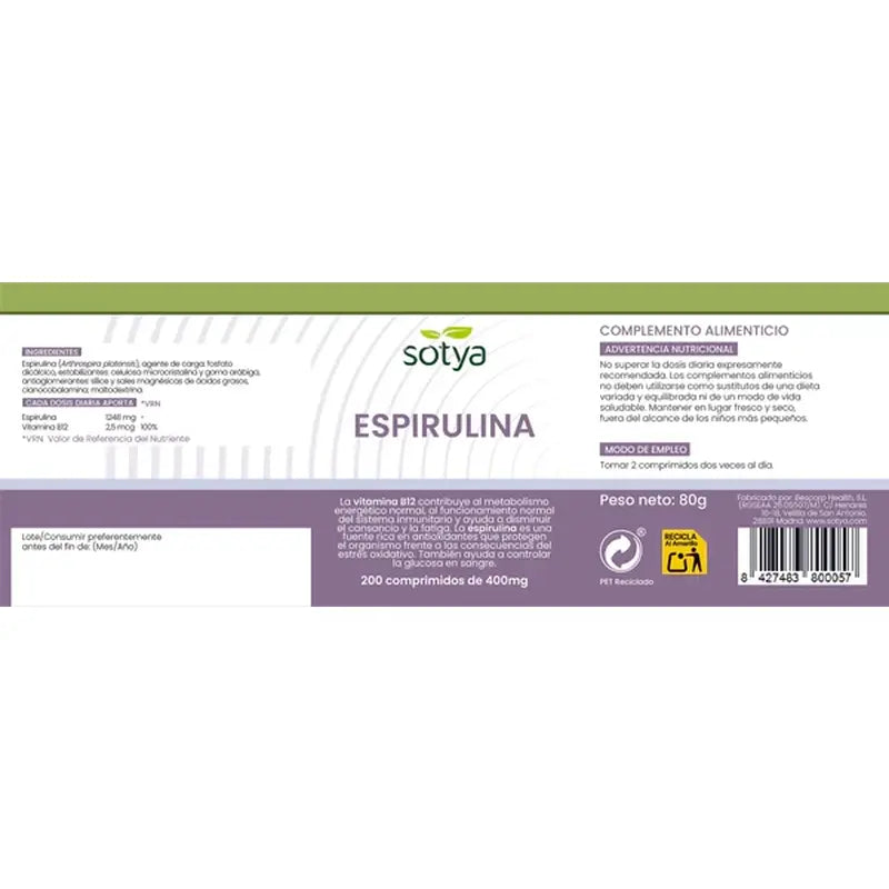 Sotya Spirulina + B12 400 Mg , 200 cápsulas