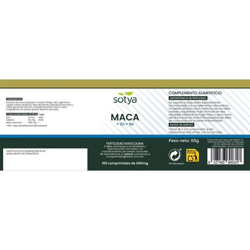 Sotya Maca + Zn + Se 100 comprimidos 600mg