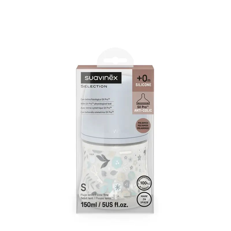 Suavinex Biberão 150 ml, fluxo lento (S), +0 meses, Azul Flores do País das Maravilhas