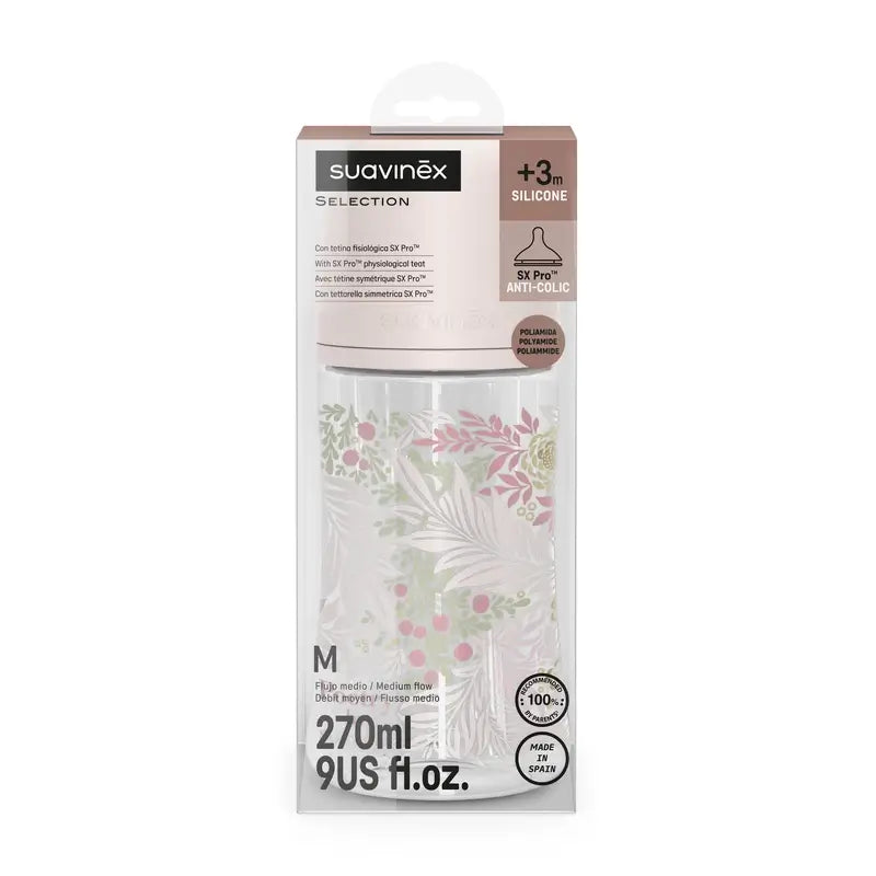 Suavinex Biberão 270 Ml, Fluxo Médio (M), +3 Meses, Rosa Poesia