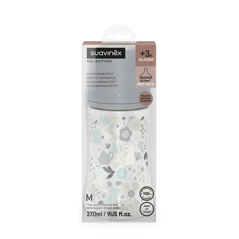 Suavinex Biberão 270 Ml, Fluxo Médio (M), +3 Meses, Azul Flores do País das Maravilhas