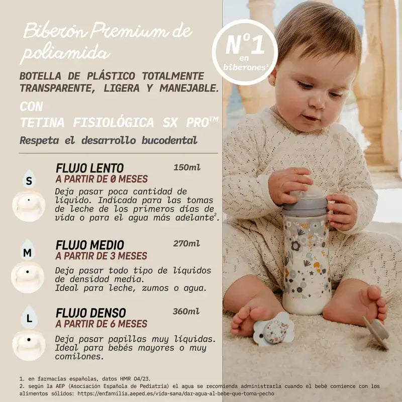 Suavinex Biberão 270 Ml, Fluxo Médio (M), +3 Meses, Azul Flores do País das Maravilhas