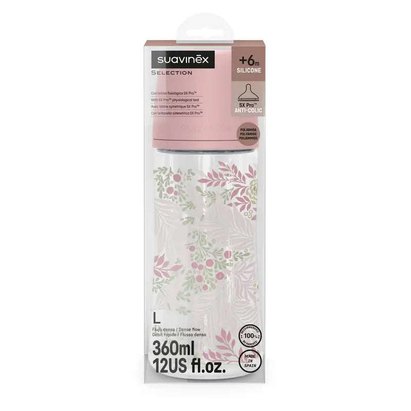 Suavinex Biberão 360 Ml, Fluxo denso (L), +6 meses, Rosa Poesia