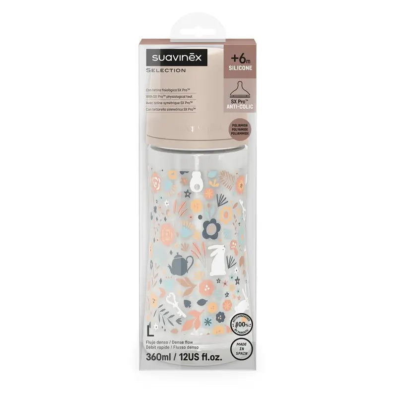 Suavinex Biberão 360 Ml, fluxo denso (L), +6 meses, Rosa Flores do País das Maravilhas