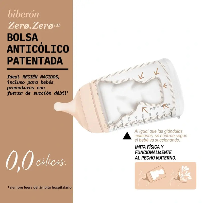 Suavinex Biberão anti-cólicas Zero Zero 270 Ml, Fluxo médio (M), +3 meses, Claro