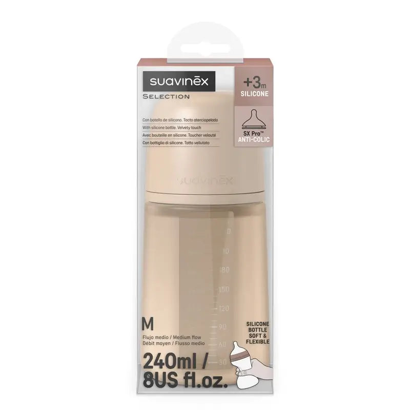 Suavinex Biberão de silicone 240 ml, fluxo médio (M), +3 meses, creme irlandês