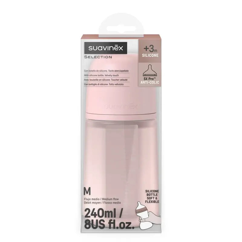 Suavinex biberão de silicone 240 ml, fluxo médio (M), +3 meses, água de rosas