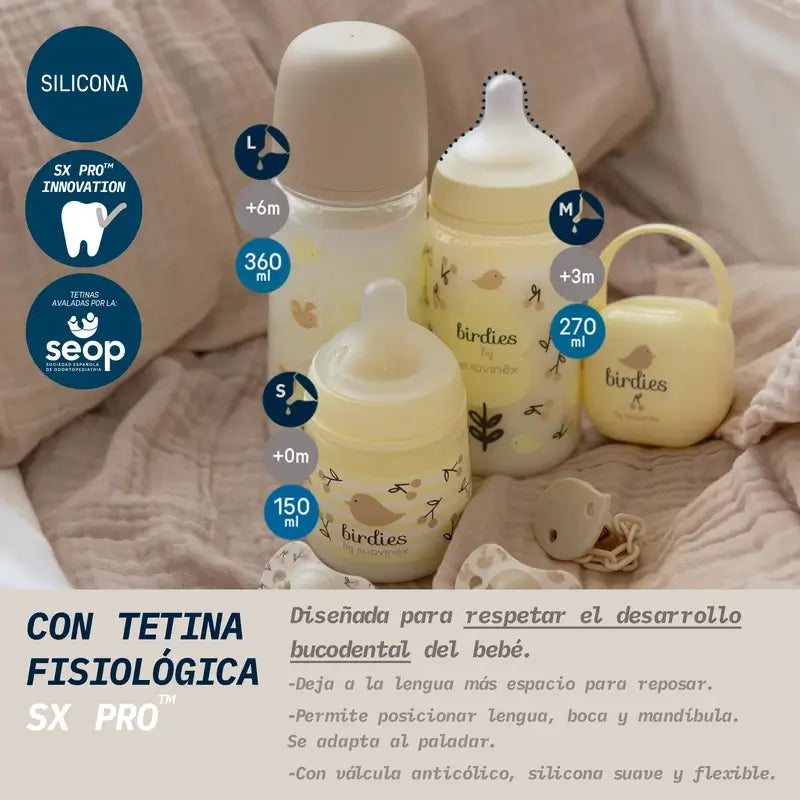 Suavinex Biberão Tetina Sx Pro Slow Flow (S) +0 Meses Passarinhos Bege, 150 ml