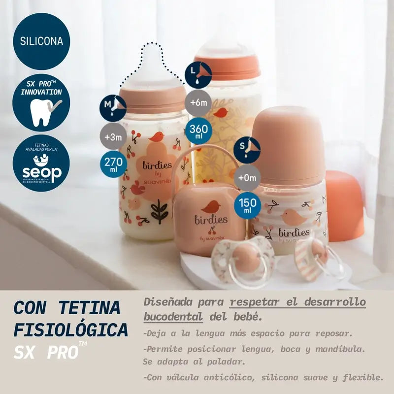 Suavinex Biberão Tetina Sx Pro Slow Flow (S) +0 Meses Passarinhos Rosa, 150 ml