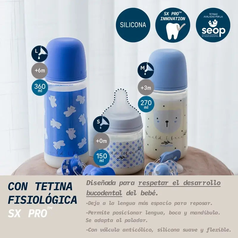 Suavinex Biberão Tetina Sx Pro Slow Flow (S) +0 Meses Wild&Free Azul, 150 ml