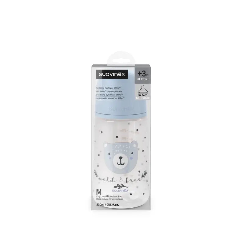 Suavinex Tetina para Biberão Sx Pro Medium Flow (M) +3 Meses Wild&Free Blue, 270 ml