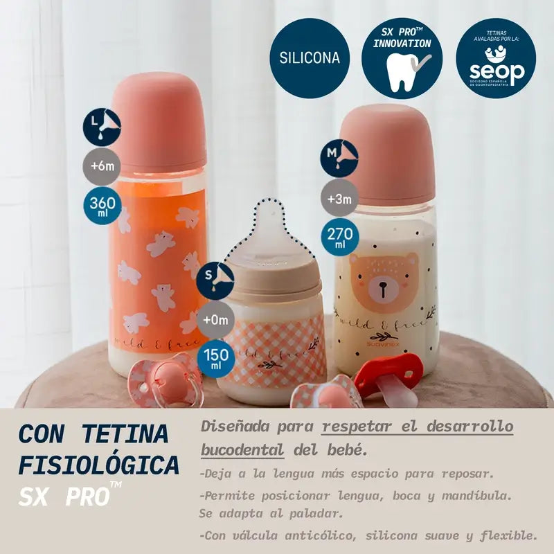 Suavinex Bico de biberão Sx Pro Medium Flow (M) +3 Meses Rosa Selvagem e Livre, 270 ml