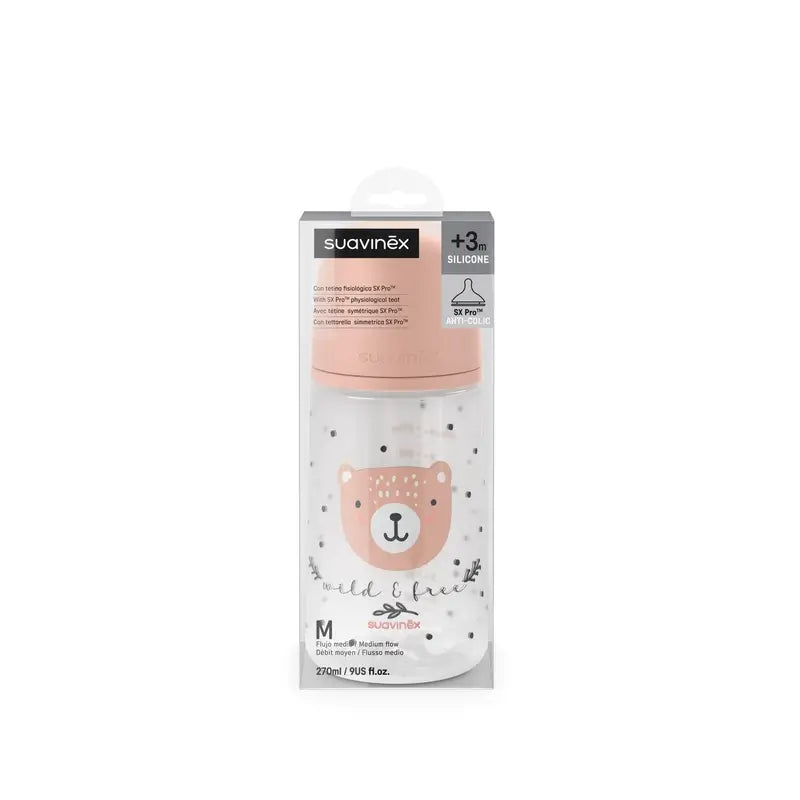Suavinex Bico de biberão Sx Pro Medium Flow (M) +3 Meses Rosa Selvagem e Livre, 270 ml