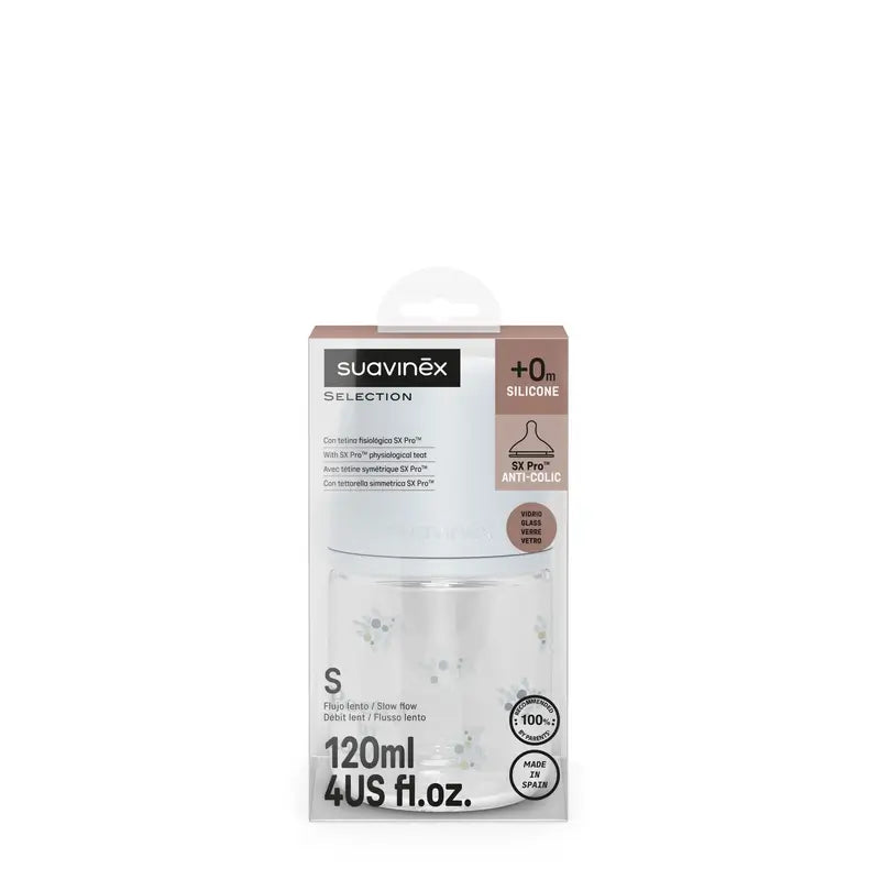 Suavinex Biberão de vidro 120 ml, fluxo lento (S), +0 meses, azul Poesia