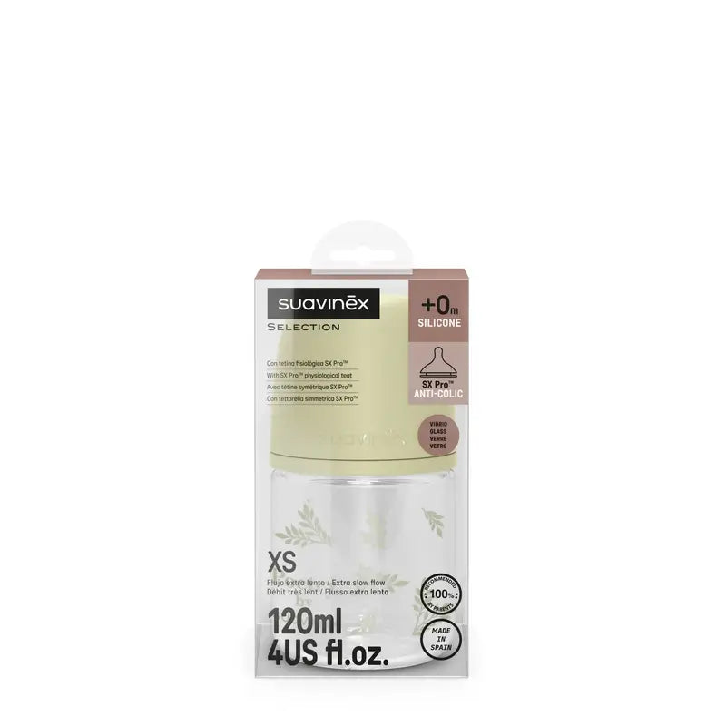 Suavinex frasco de vidro 120 ml, fluxo lento (S), +0 meses, Poesia verde