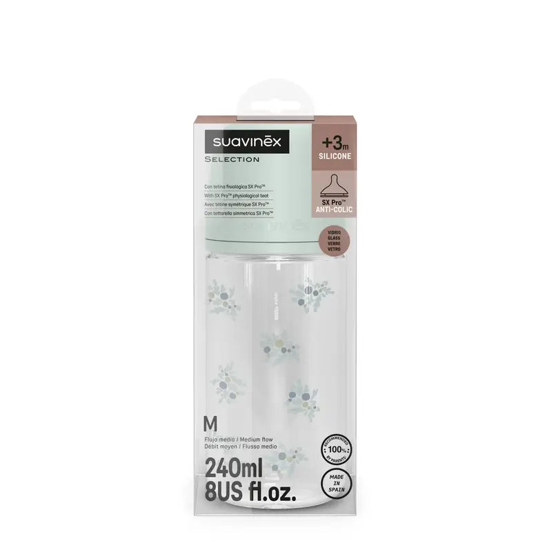 Suavinex Biberão de Vidro 240 Ml, Fluxo Médio (M), +3 Meses, Azul Poesia