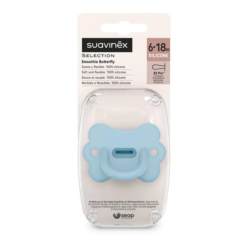 Suavinex Pacifier All Silicone Physiological Sx Pro, 6/18 meses, Butterfly Infinity Blue