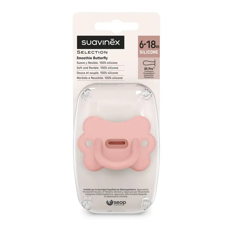 Suavinex Pacifier All Silicone Pacifier Sx Pro, 6/18 meses, Butterfly Peach Pink