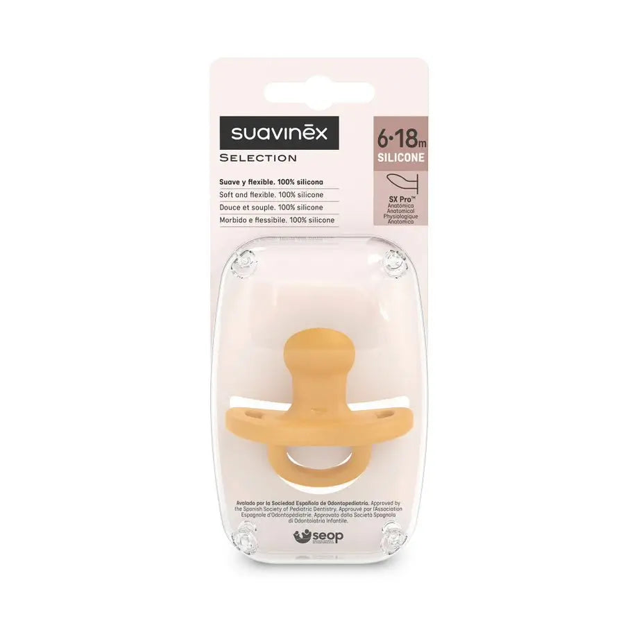 Suavinex Pacifier All Silicone, Para Bebés 6/18 Meses, Mostarda