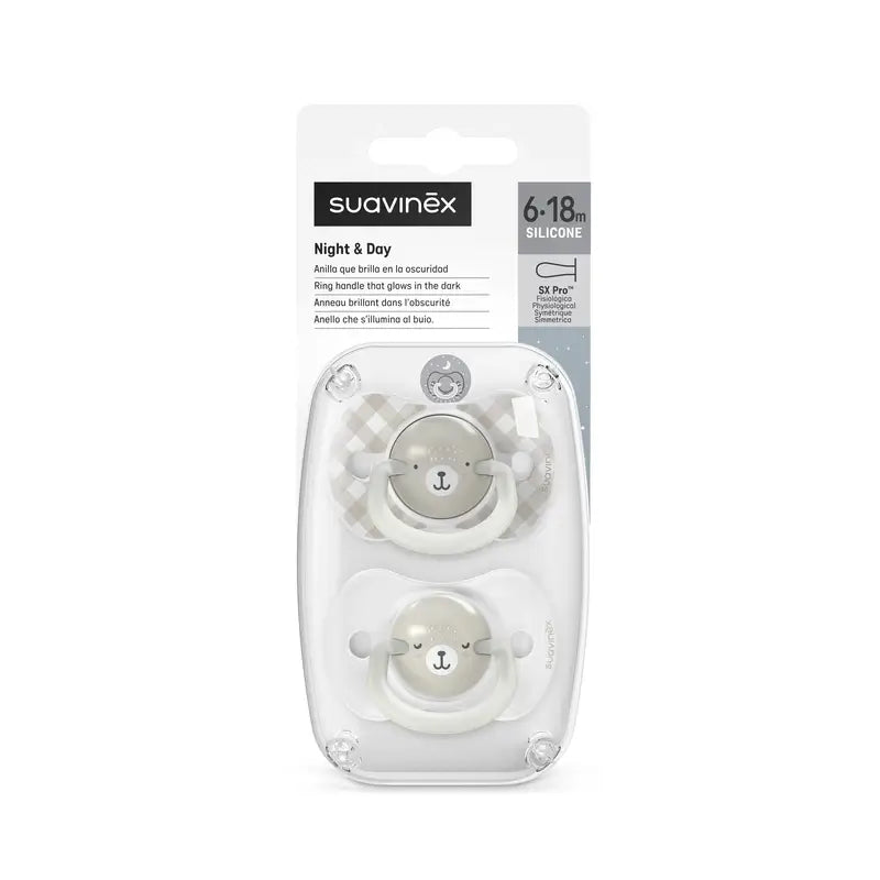 Suavinex Night & Day Night Soothers Sx Pro Teat 6/18 Months Cinzento, 2 unidades