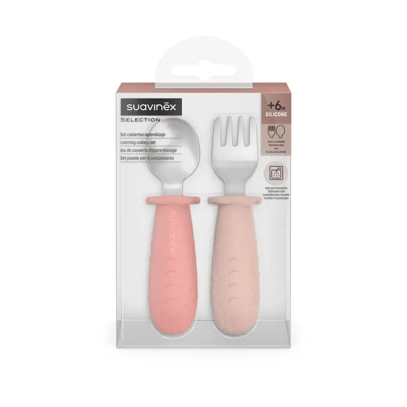 Talheres Suavinex Aço inoxidável didático, +6 meses, cor-de-rosa