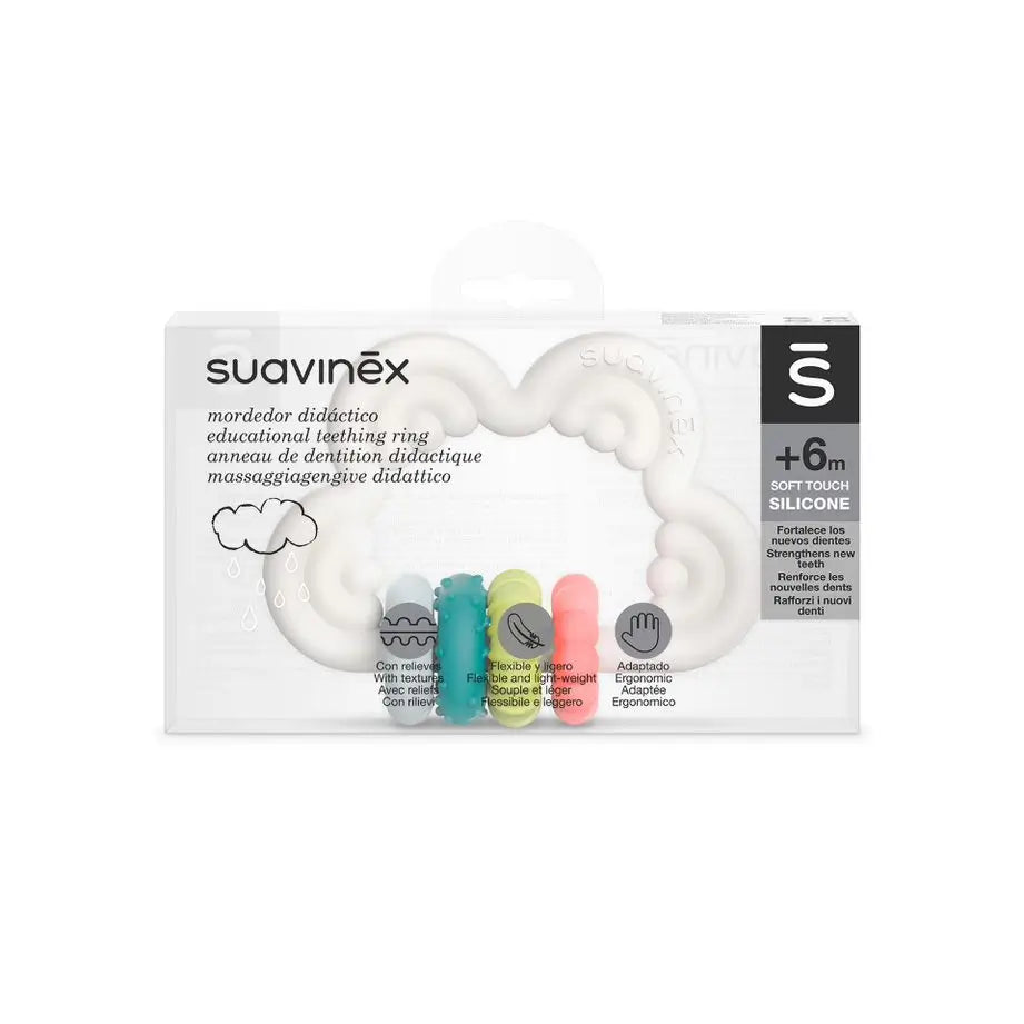 Suavinex Mordedor De Silicona +6 Meses. Mordedor Didáctico. Anillo De Dentición Flexible Y Ligero. Diseño Nube. Color Blanco 