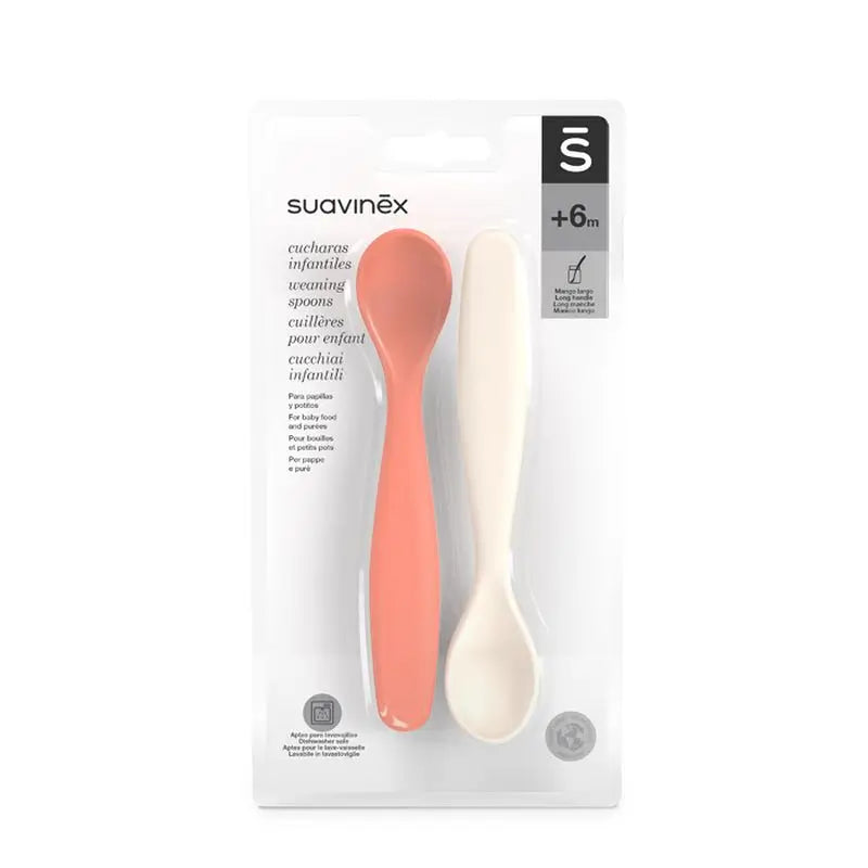 Suavinex Pack 2 Colheres para bebés. Adequadas para gengivas sensíveis. Ideal para comida e papas de bebé. +4 Meses, Coral + Cinzento