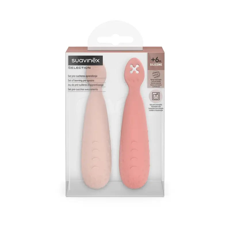 Suavinex Conjunto 2 colheres de silicone, +6 meses, cor-de-rosa