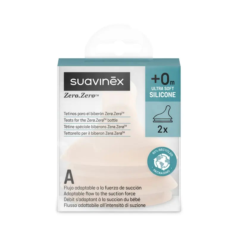 Suavinex 2 Pack 2 Tetinas Zero Zero, Fluxo Adaptável (A), +0 Meses, Justo