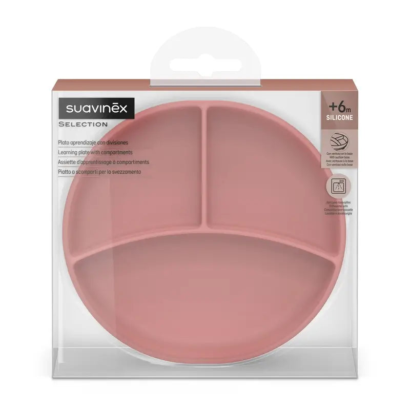 Suavinex Prato de silicone com ventosa e divisões, +6 meses, cor-de-rosa