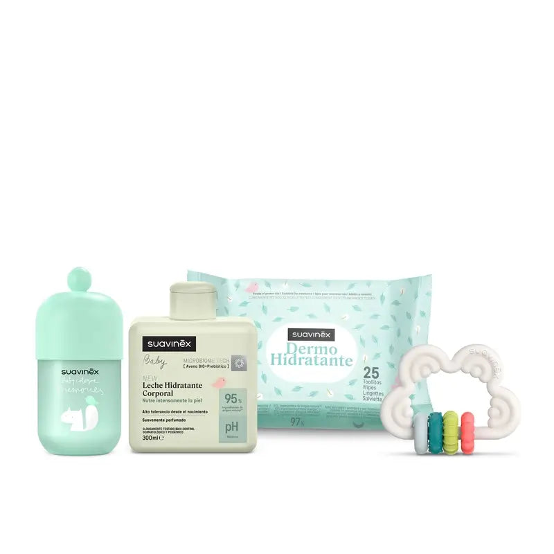 Presente para bebé Suavinex Leite para bebé 300 ml + lembranças de colónia para bebé 100 ml + toalhetes + mordedor, azul