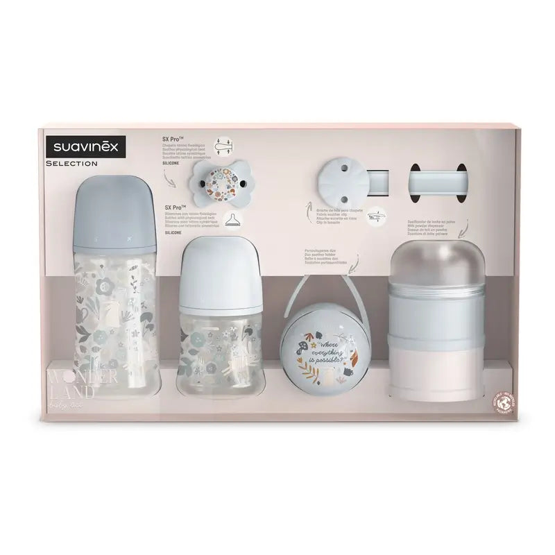Conjunto de oferta para recém-nascido Suavinex: biberões + chupeta + dispensador + chupeta + suporte para chupeta + suporte para chupeta, azul maravilha