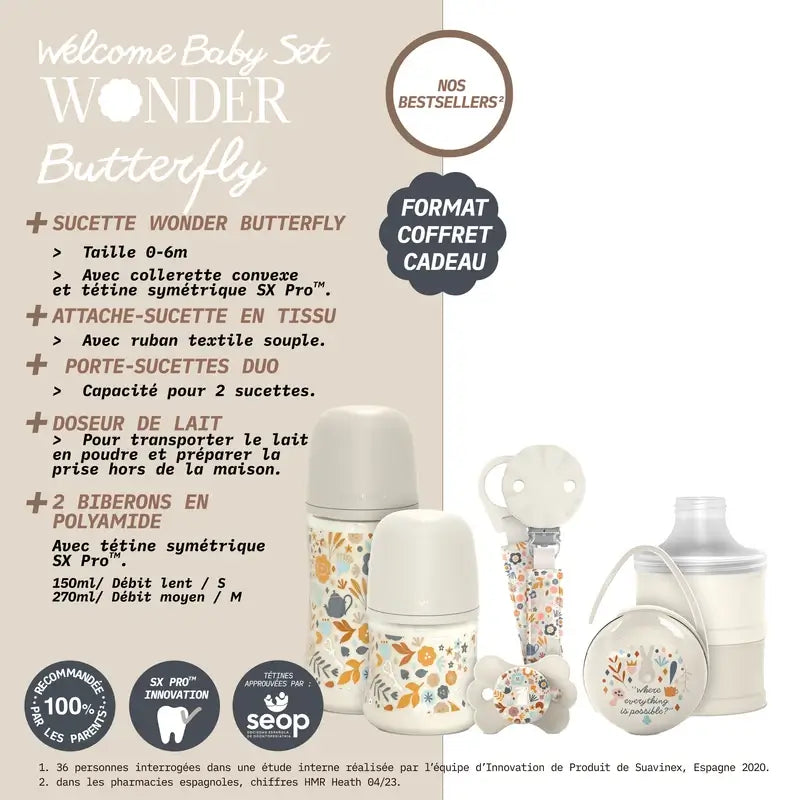 Conjunto de oferta para recém-nascido Suavinex: biberões + chupeta + dispensador + chupeta + suporte para chupeta + suporte para chupeta, bege Wonderland