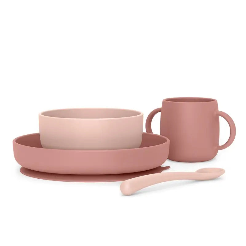 Suavinex Talheres de silicone 4 peças com ventosa, +4 meses, cor-de-rosa