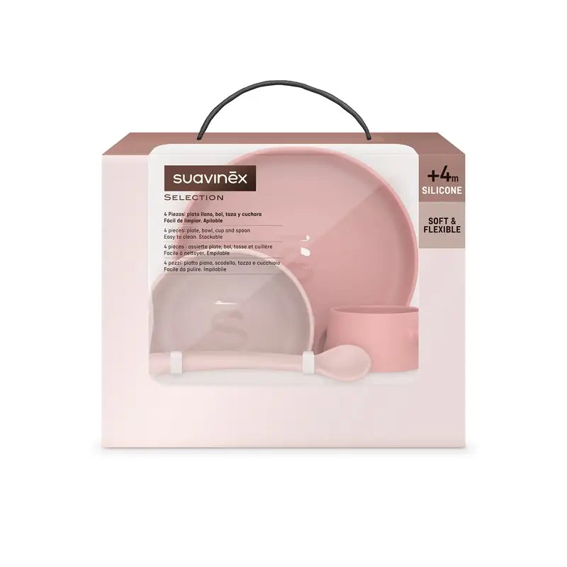 Suavinex Talheres de silicone 4 peças com ventosa, +4 meses, cor-de-rosa
