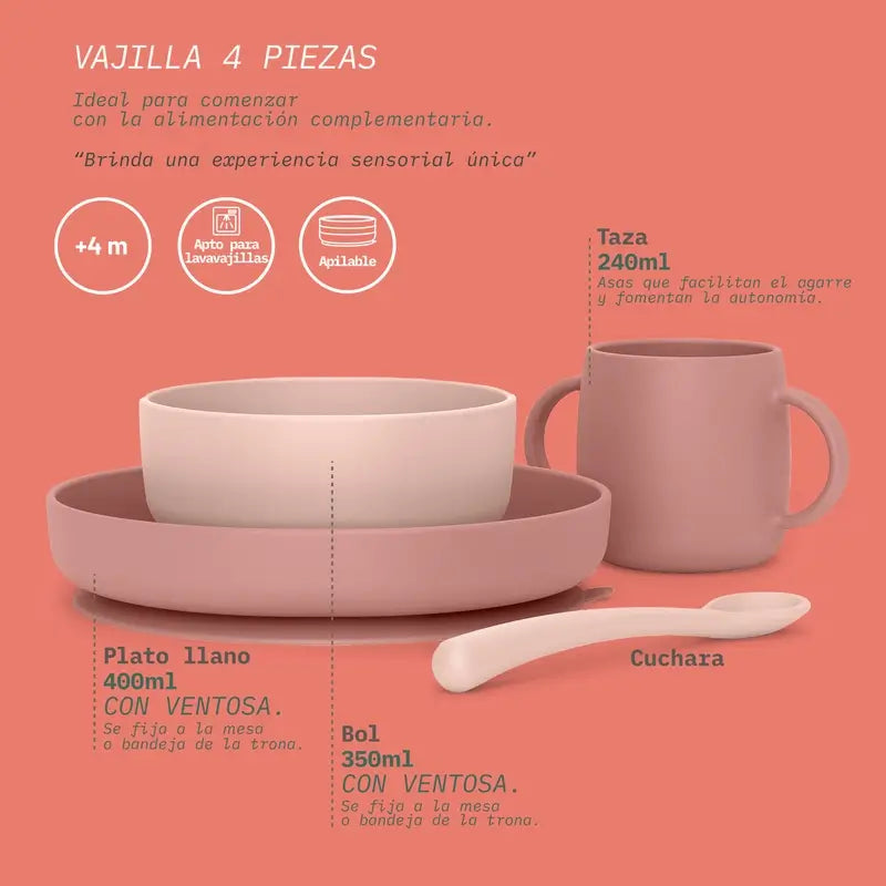 Suavinex Talheres de silicone 4 peças com ventosa, +4 meses, cor-de-rosa