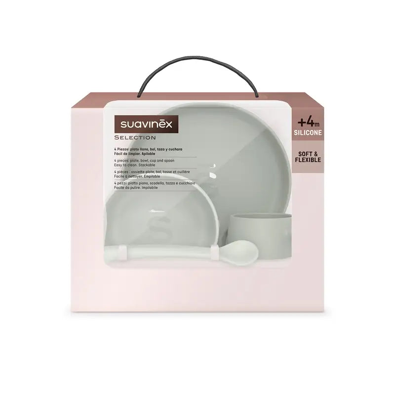 Suavinex Talheres de silicone 4 peças com ventosa, +4 meses, verde