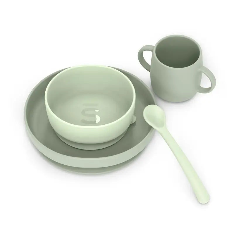 Suavinex Talheres de silicone 4 peças com ventosa, +4 meses, verde