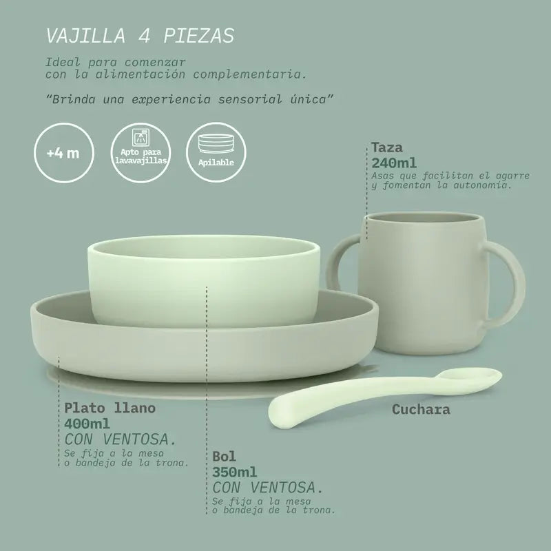 Suavinex Talheres de silicone 4 peças com ventosa, +4 meses, verde