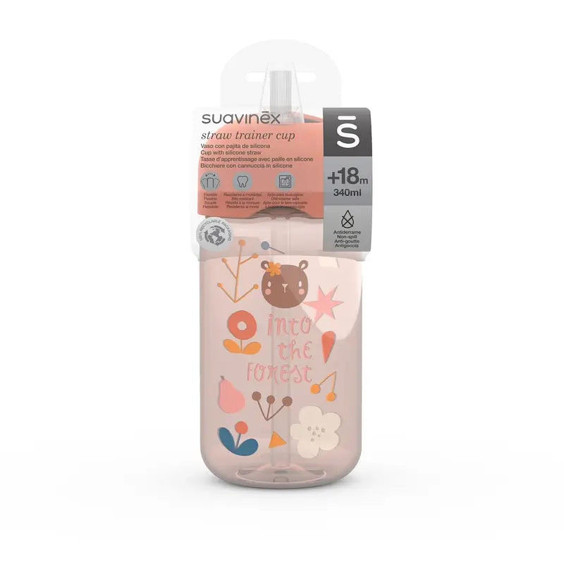 Suavinex Copo de treino com palhinha 340 ml, não entorna, +18 meses, cor-de-rosa