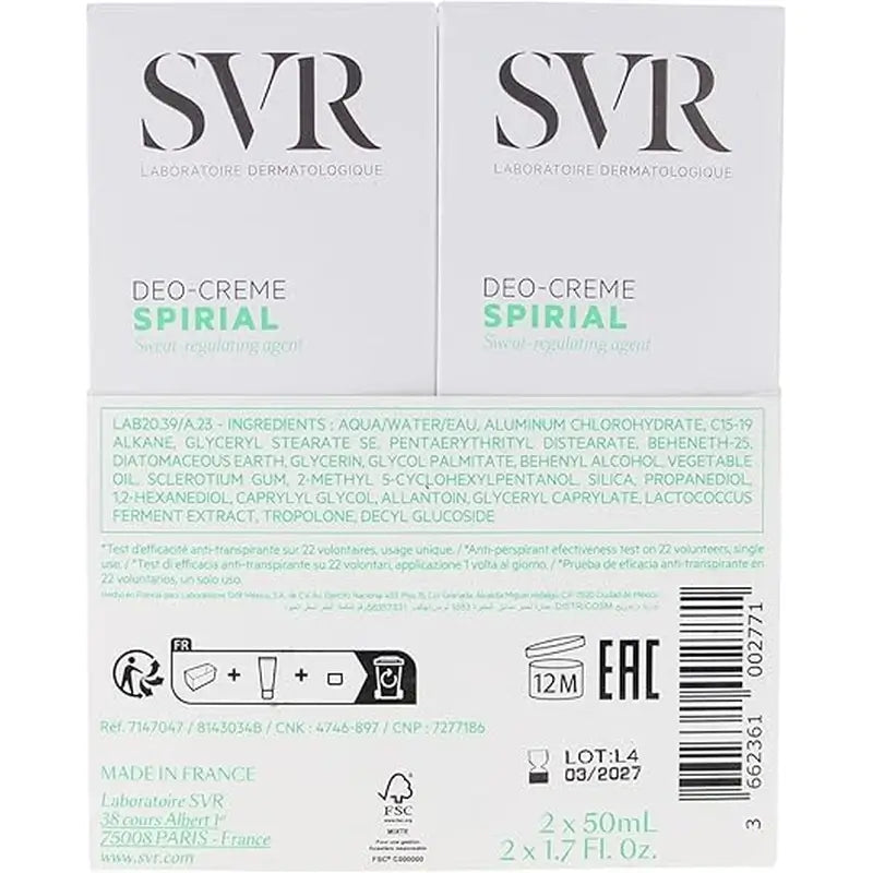 SVR Spirial Duo Deo-Creme Anti-Transpirante 48h, 2x50 ml