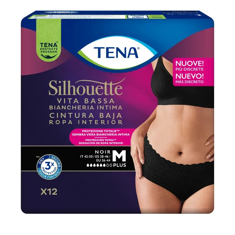 Tena Silhouette Preto Cintura Baixa Média , 12 unidades
