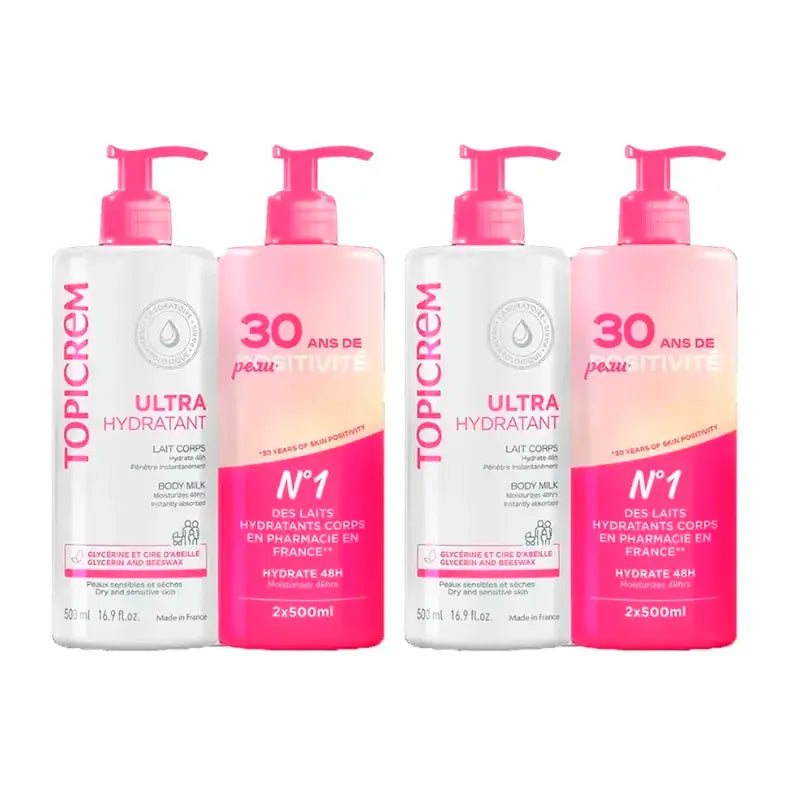 Leite corporal hidratante Topicrem, embalagem de 4 x 500 ml