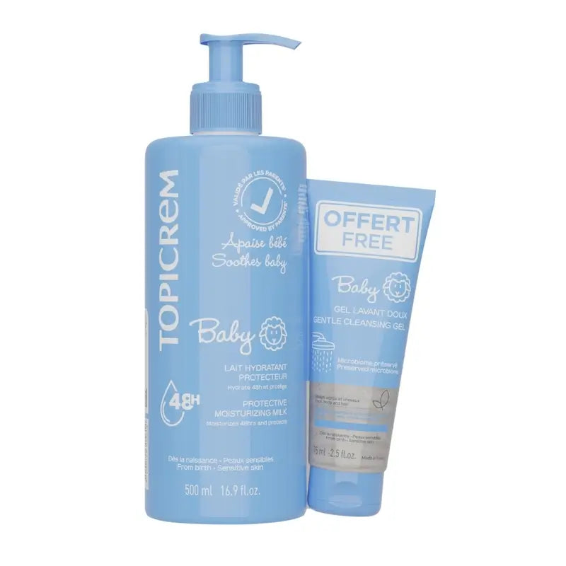 Topicrem Pack Leite Hidratante para Bebés 500 Ml + Gel de Limpeza para Bebés 75 Ml Oferta gratuita