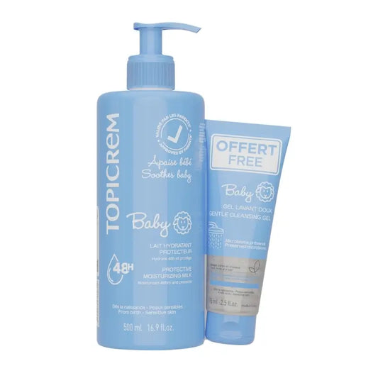 Topicrem Pack Leite Hidratante para Bebés 500 Ml + Gel de Limpeza para Bebés 75 Ml Oferta gratuita