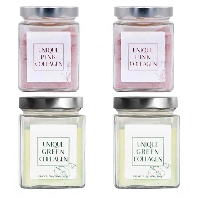 Suplemento nutricional de colagénio rosa e verde Unique, embalagem de 4x300 gramas